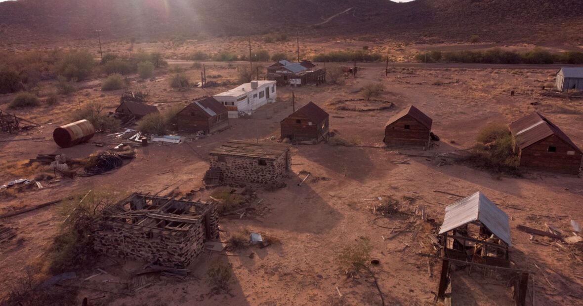 aerial view of a small impoverished Arizona town in the desert