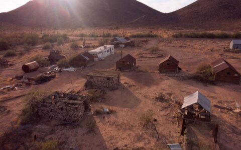 aerial view of a small impoverished Arizona town in the desert