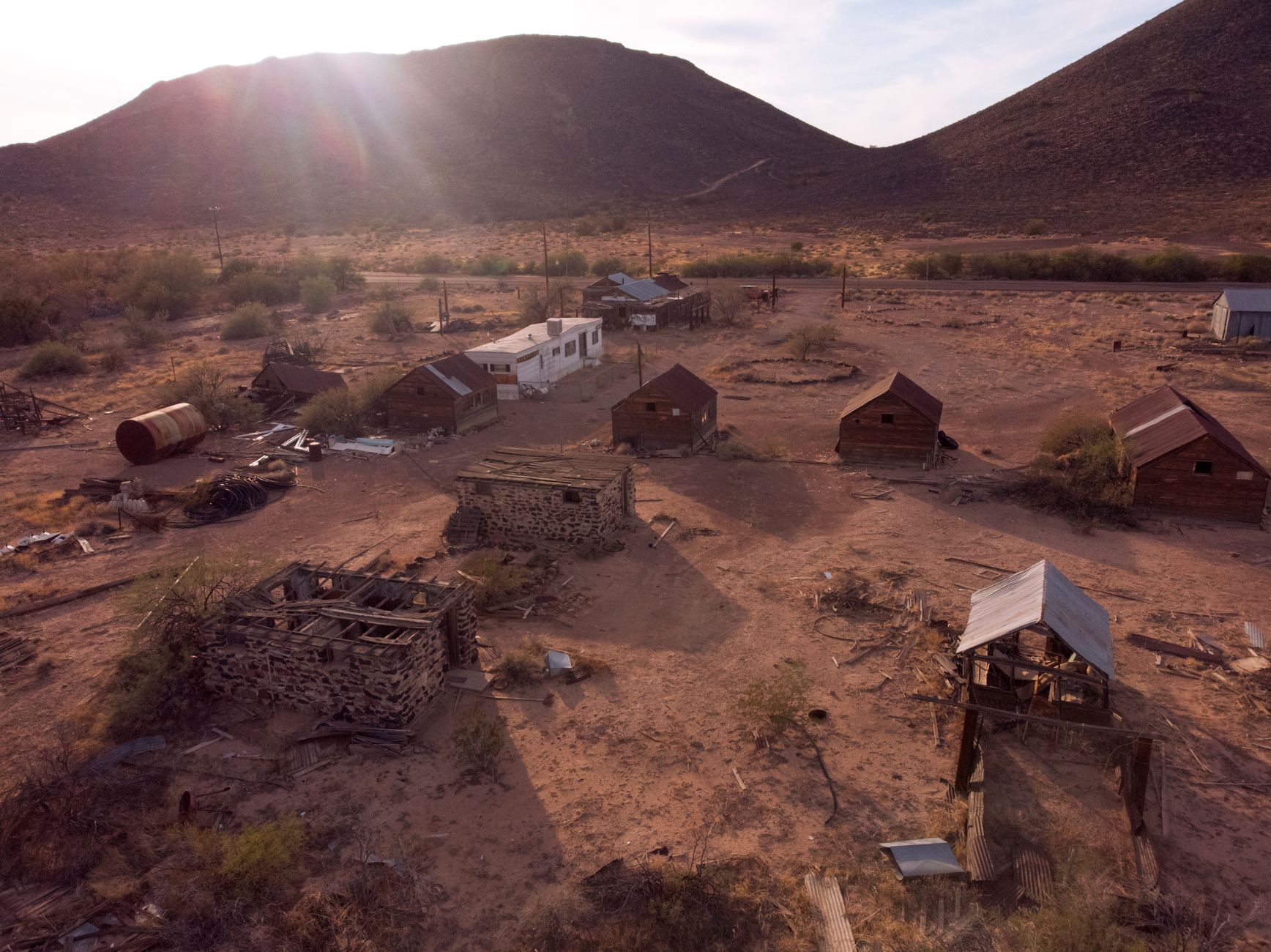 aerial view of a small impoverished Arizona town in the desert