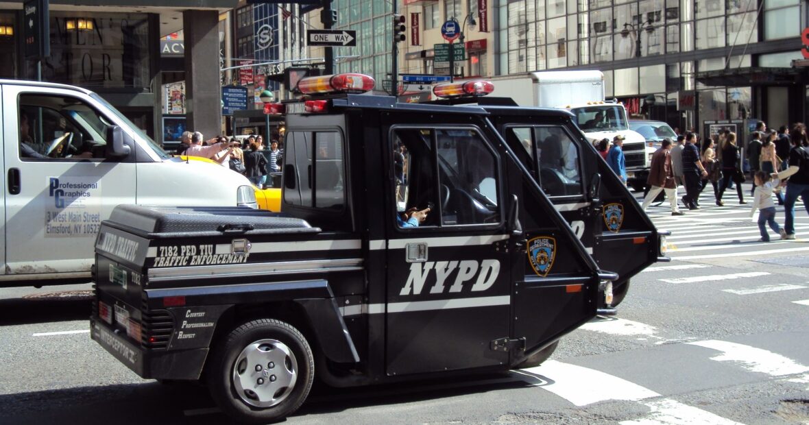NYPD security robot patrolling Times Square subway station