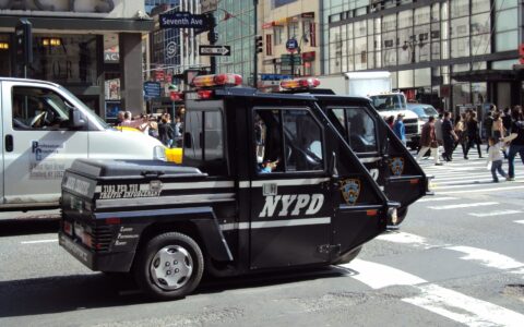 NYPD security robot patrolling Times Square subway station