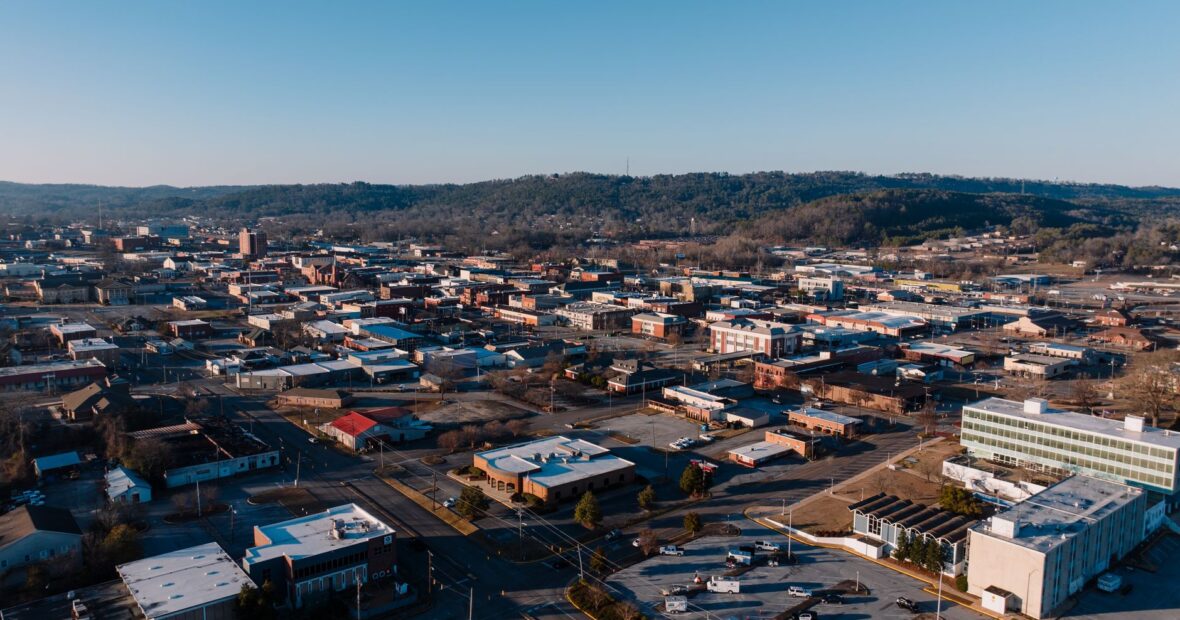 aerial view of a peaceful hidden Alabama town nestled in the mountains