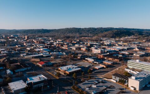 aerial view of a peaceful hidden Alabama town nestled in the mountains