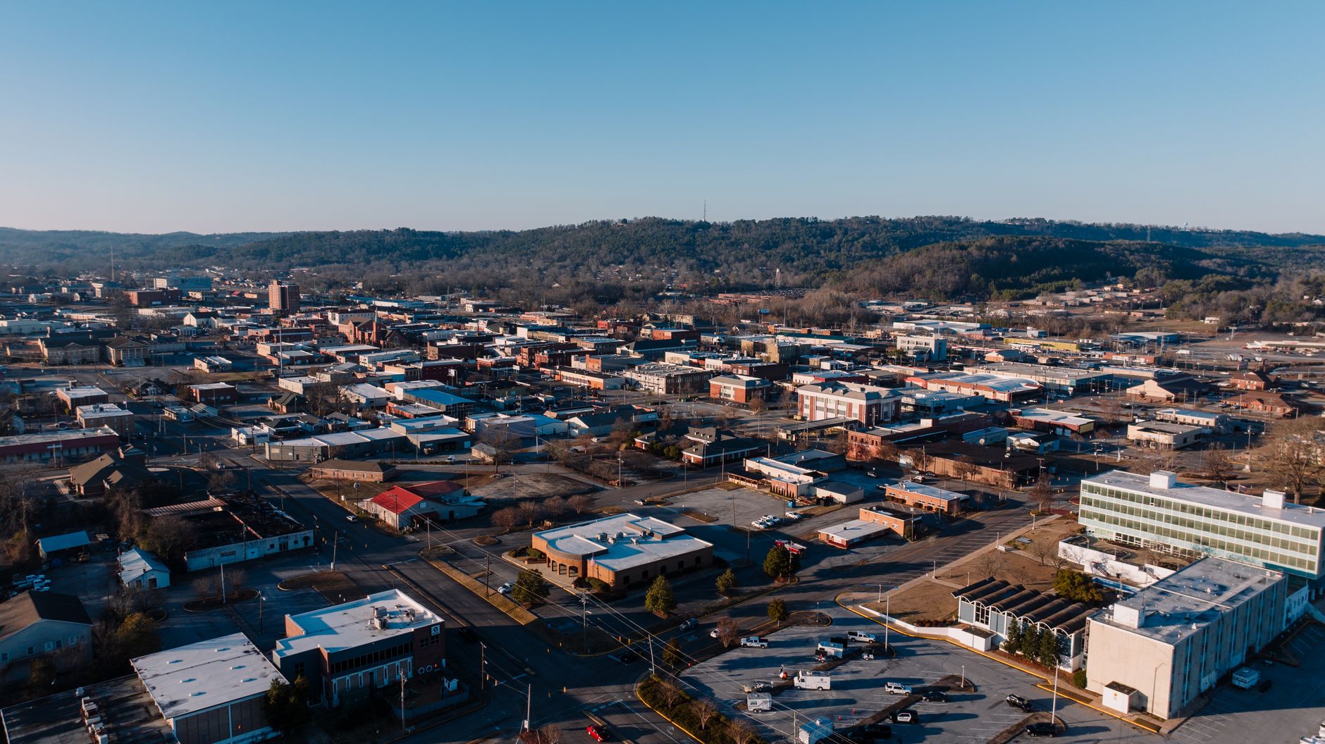 aerial view of a peaceful hidden Alabama town nestled in the mountains