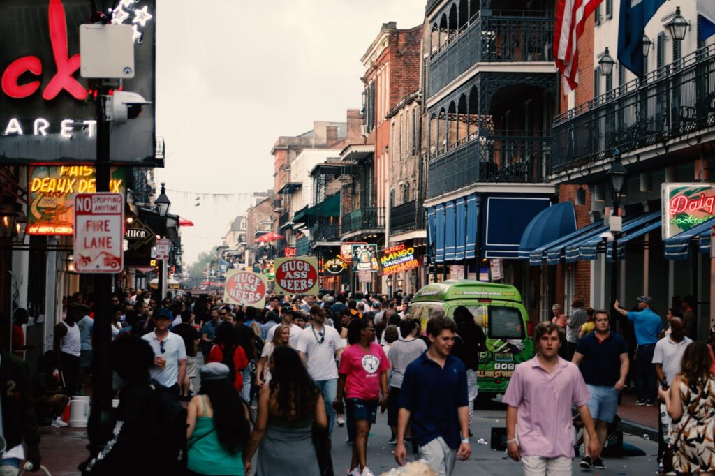 crowds drinking on Bourbon Street in New Orleans Louisiana