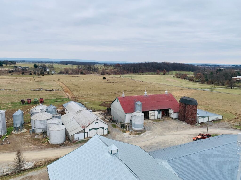 aerial view of rural Maryland farmland representing low-consumption county landscape