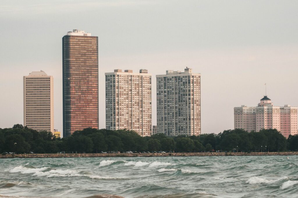 Chicago skyline contrasting safe and dangerous neighborhoods