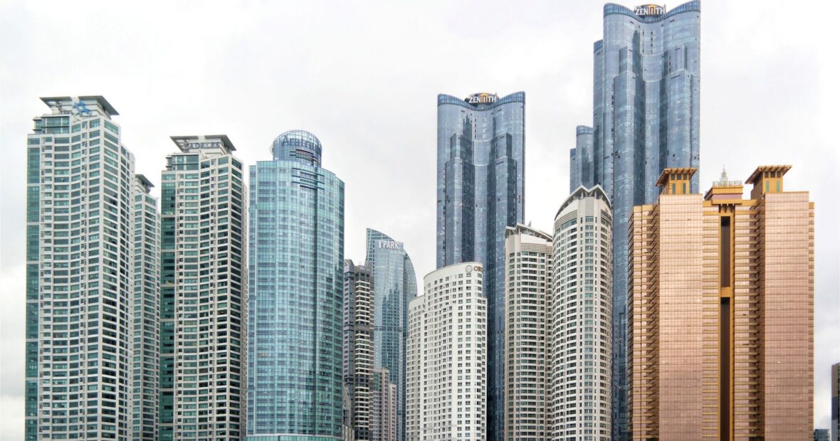 aerial view of cities with the most skyscrapers at dusk