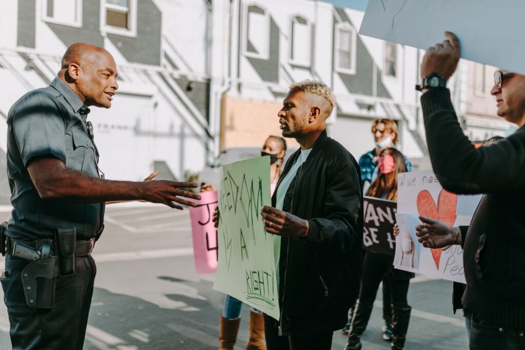 local police officers engaging with residents in a safe Alabama city