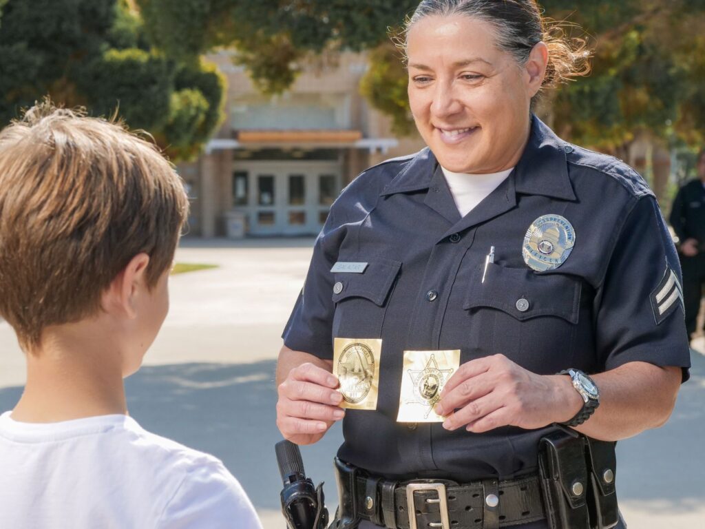 police officers reuniting a young child with family after an Amber Alert recovery