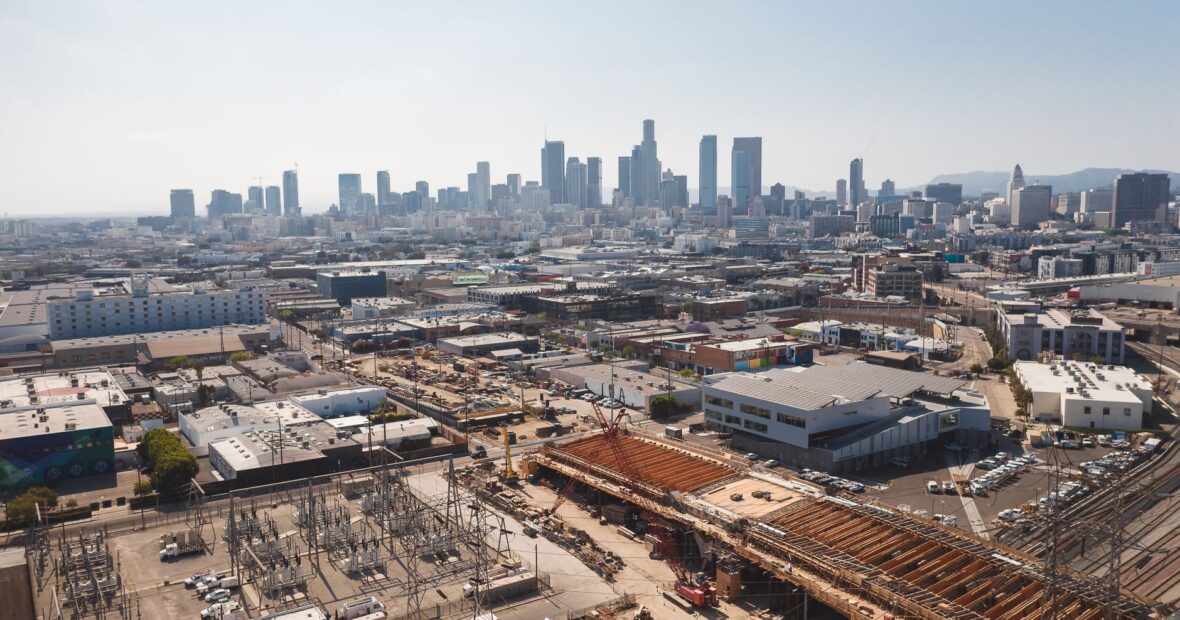 aerial view of Los Angeles neighborhoods with urban streets