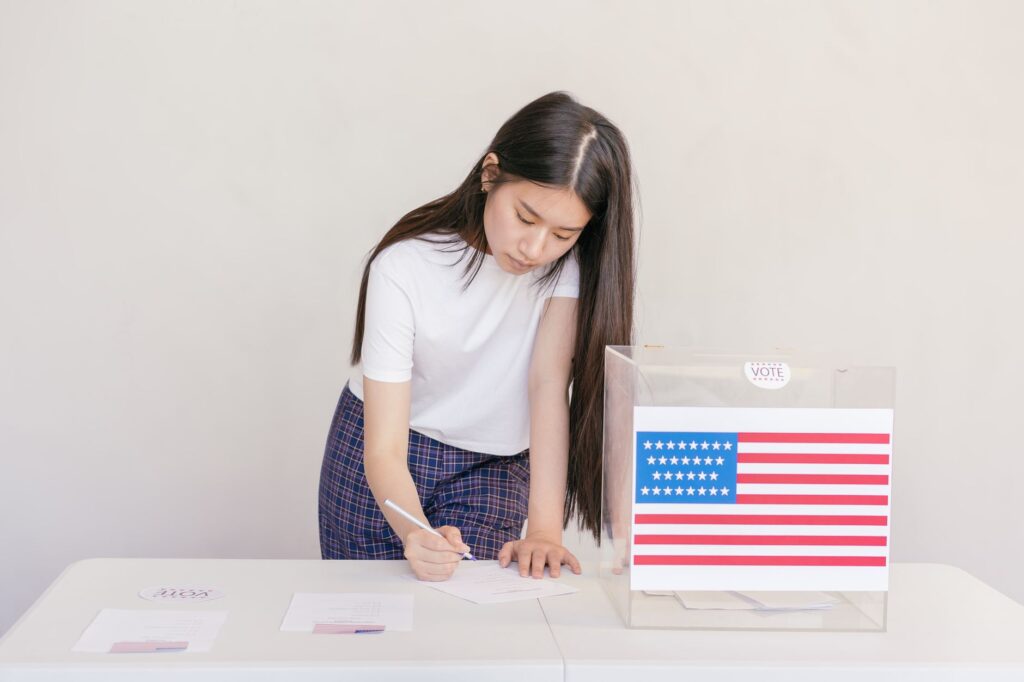 Texas election polling place with American flag