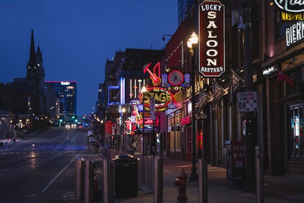 Neon signs on Broadway in downtown Nashville, Tennessee at night