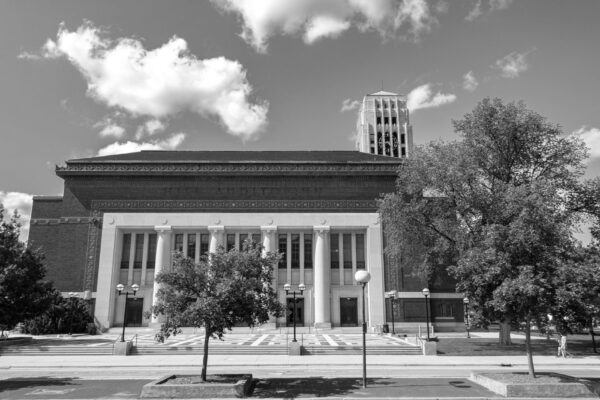 Downtown Ann Arbor, Michigan skyline with the University of Michigan campus on a clear day