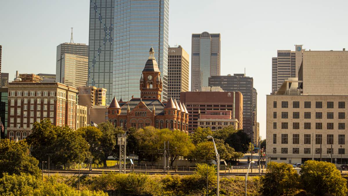 Dallas Texas skyline at sunset with Reunion Tower