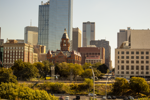 Dallas Texas skyline at sunset with Reunion Tower