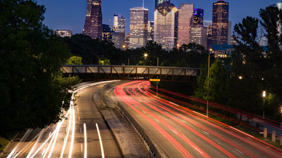 Houston, Texas skyline at sunset with downtown skyscrapers