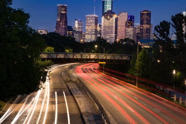 Houston, Texas skyline at sunset with downtown skyscrapers