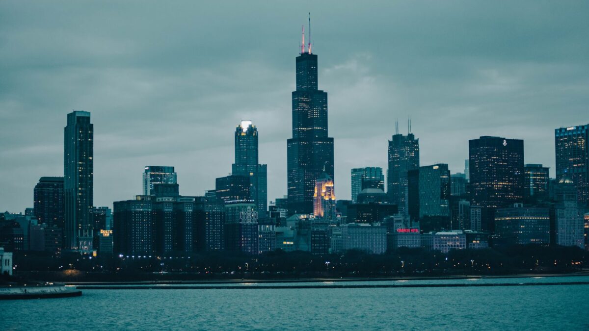Chicago skyline at dusk over Lake Michigan