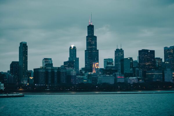 Chicago skyline at dusk over Lake Michigan