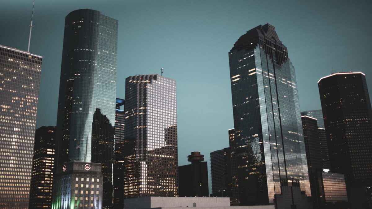 Houston Texas skyline at dusk with downtown skyscrapers