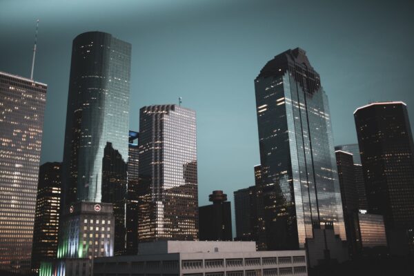 Houston Texas skyline at dusk with downtown skyscrapers