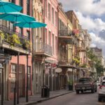 Historic buildings along a street in the New Orleans French Quarter