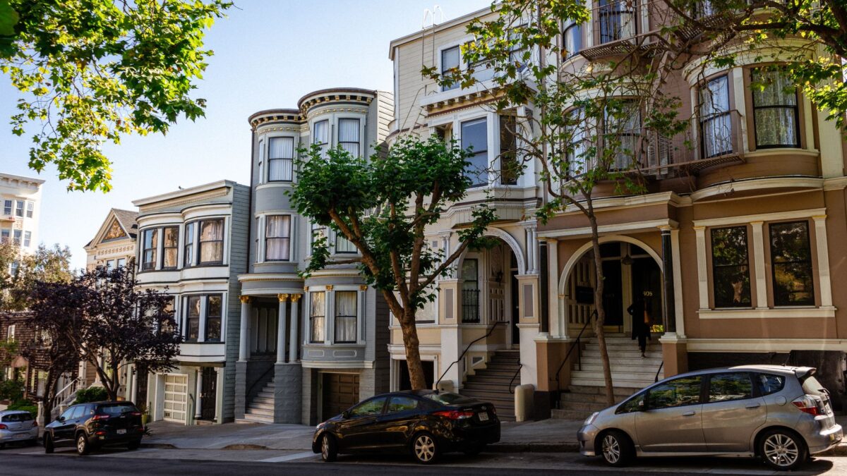 Classic Victorian houses along a steep San Francisco street