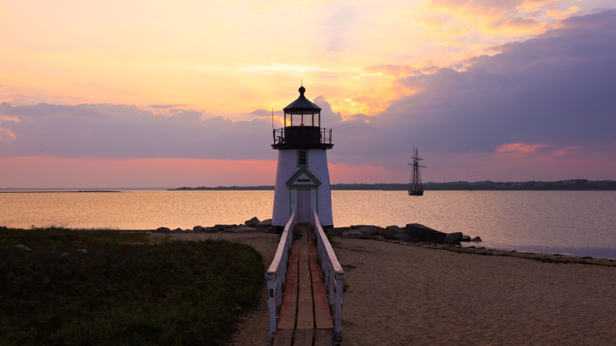 Cape Cod lighthouse on a rocky New England shore