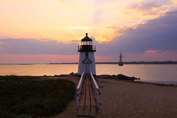 Cape Cod lighthouse on a rocky New England shore