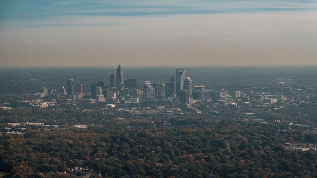 Charlotte, North Carolina skyline aerial with fall foliage