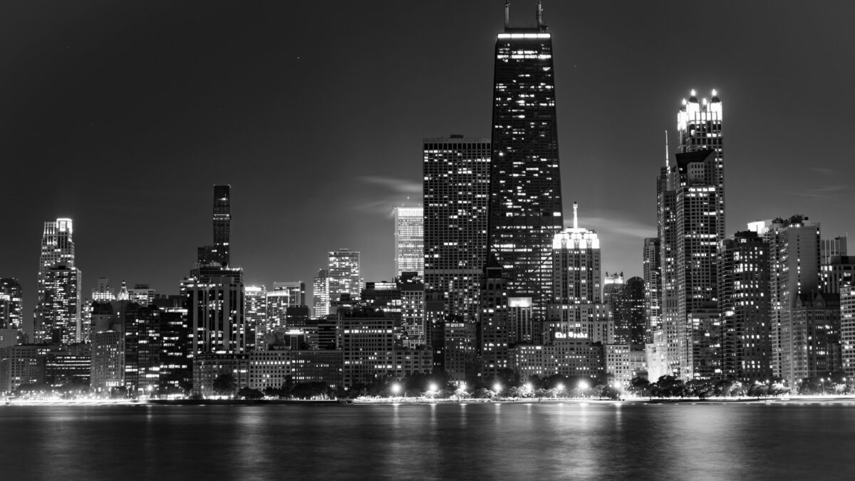 Chicago skyline at night from the river