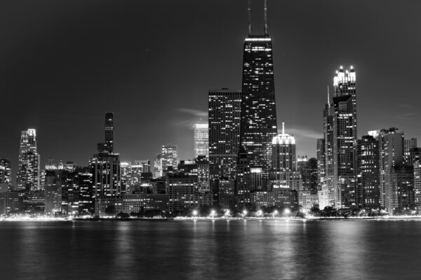 Chicago skyline at night from the river