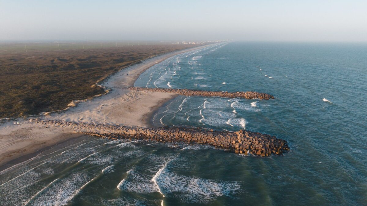 Aerial view of Mustang Island beach near Corpus Christi, Texas