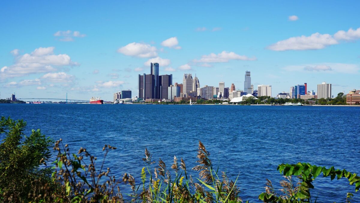 Detroit skyline at dusk over the Detroit River