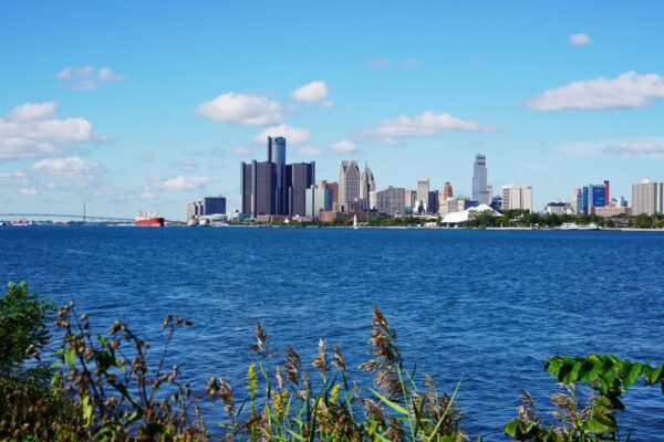Detroit skyline at dusk over the Detroit River