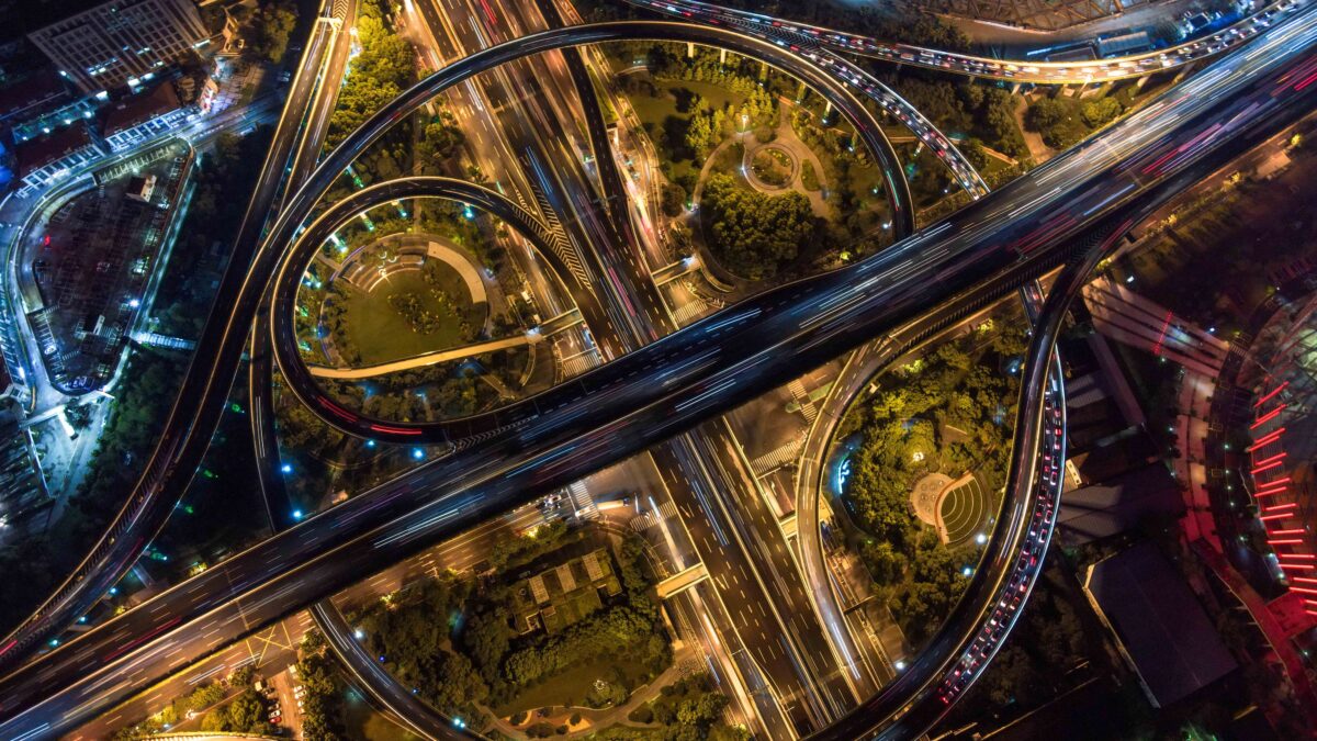 Aerial view of highway traffic in a U.S. city