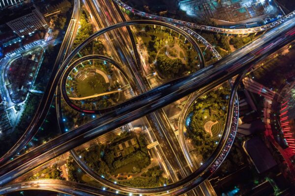 Aerial view of highway traffic in a U.S. city