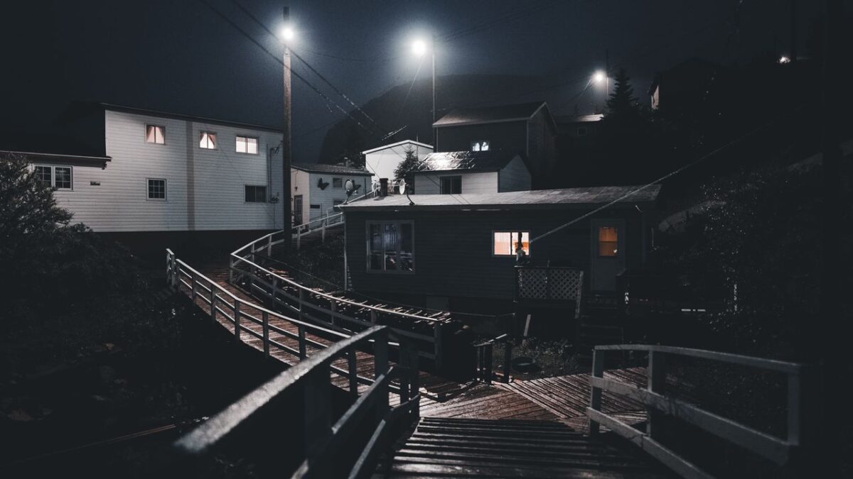 Quiet residential neighborhood street at night illuminated by a streetlight