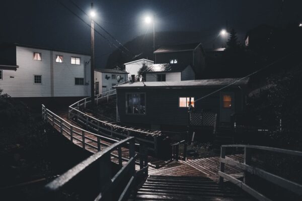 Quiet residential neighborhood street at night illuminated by a streetlight