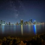 Downtown Miami skyline photographed at dusk with city lights reflecting on the water