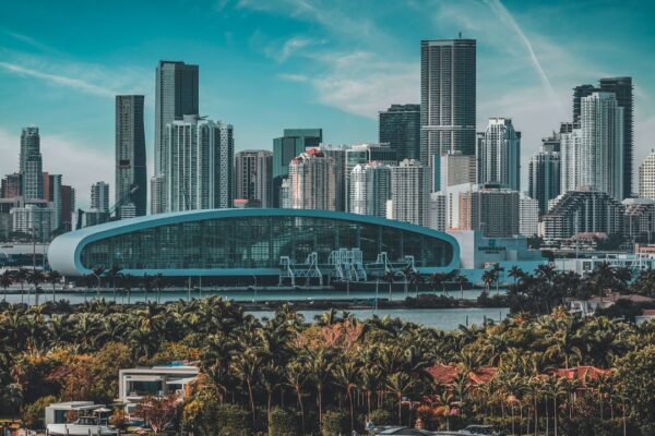 Miami skyline with modern skyscrapers and waterfront palm trees