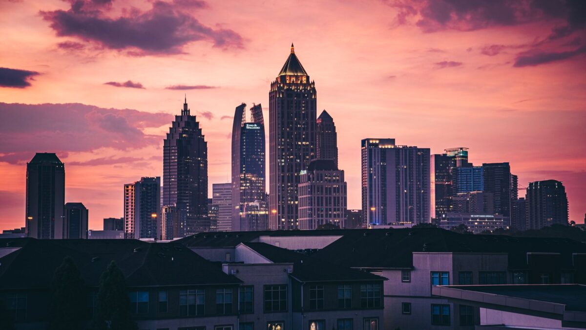 Atlanta, Georgia skyline at dusk with downtown skyscrapers