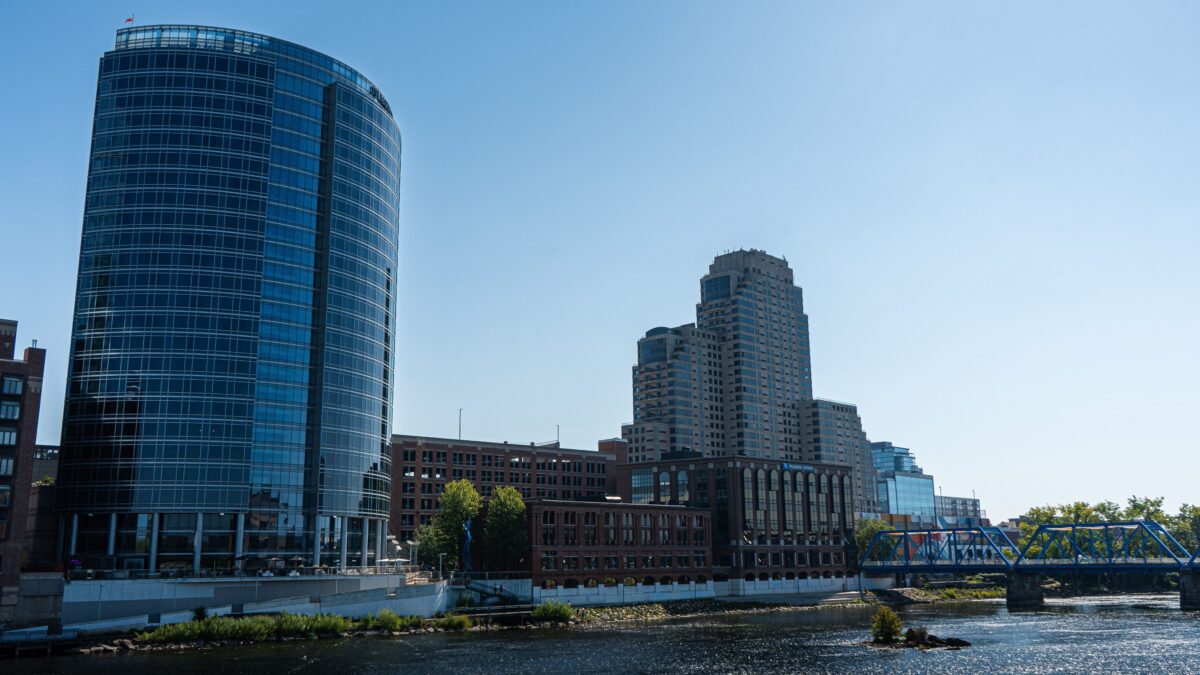 Grand Rapids skyline featuring the Blue Bridge over the Grand River