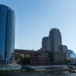 Grand Rapids skyline featuring the Blue Bridge over the Grand River