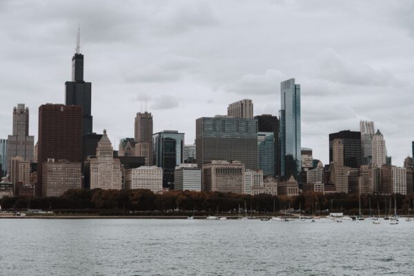 Chicago skyline along Lake Michigan at dusk
