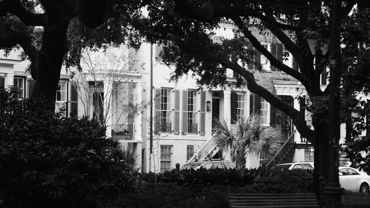 Historic townhouses framed by trees