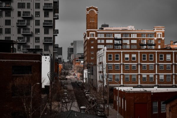 Kansas City urban landscape with historic brick architecture and modern buildings