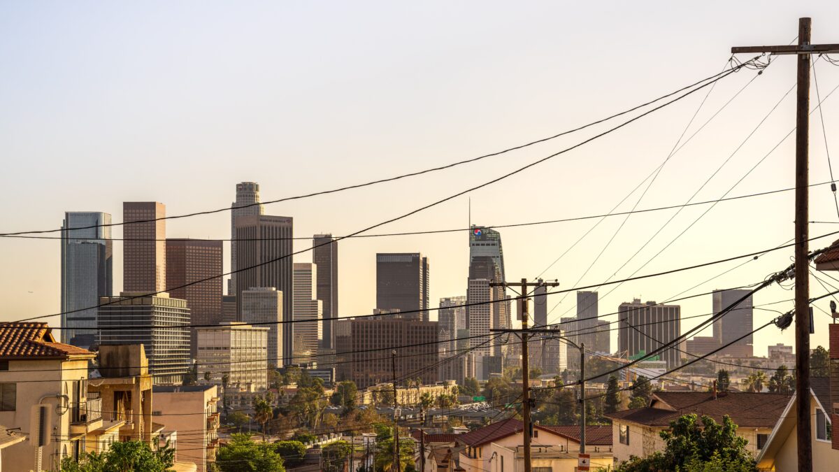 Downtown Los Angeles skyline under a hazy sky during record October heat