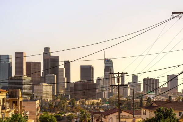Downtown Los Angeles skyline under a hazy sky during record October heat